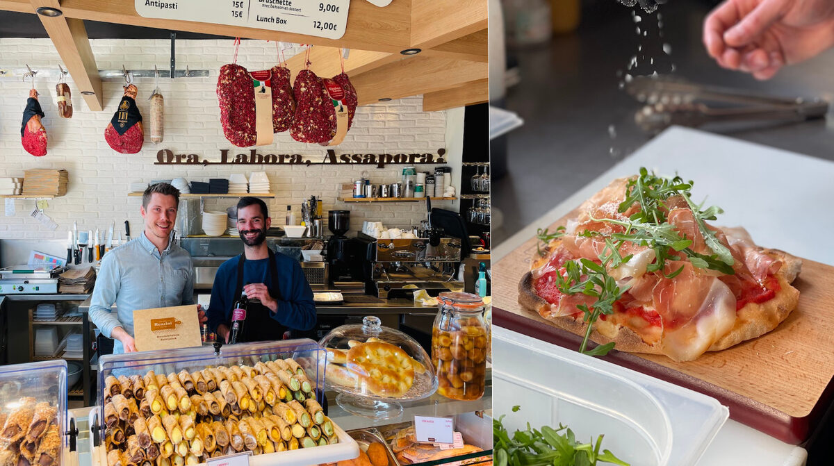 L’équipe de la Bottega Renzini derrière le comptoir, et une pinsa au jambon. Photo Pokaa / Bastien Pietronave